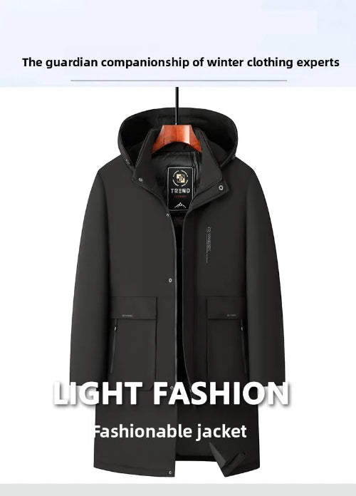A black hooded jacket displayed on a hanger against a white background, with promotional text above and below reading 'The guardian companionship of winter clothing experts' and 'LIGHT FASHION 