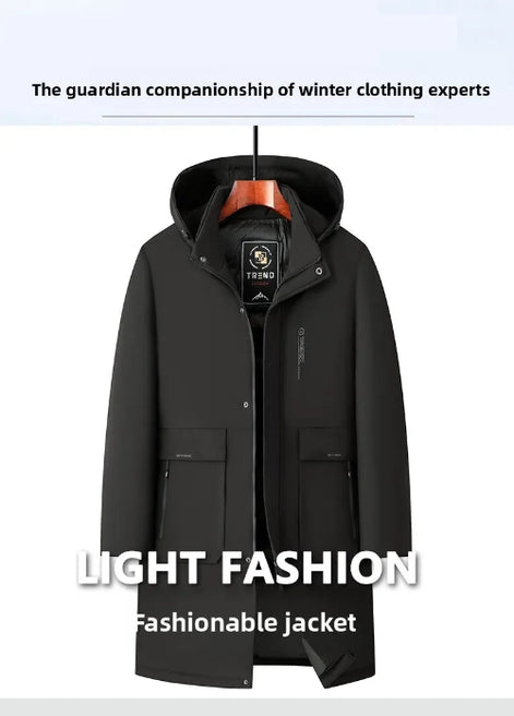 A black hooded jacket displayed on a hanger against a white background, with promotional text above and below reading 'The guardian companionship of winter clothing experts' and 'LIGHT FASHION 