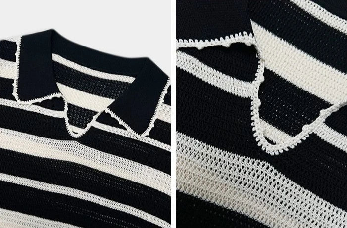 Women High Stretch Polo Shirt 2026 Stripe Short Sleeve Top Casual Color Block Splicing Openwork Knit Blouse