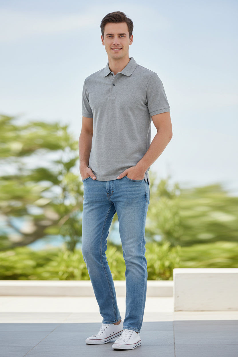 Gray polo shirt on a hanger with text indicating 100% cotton, breathable, and sweat-absorbent properties.