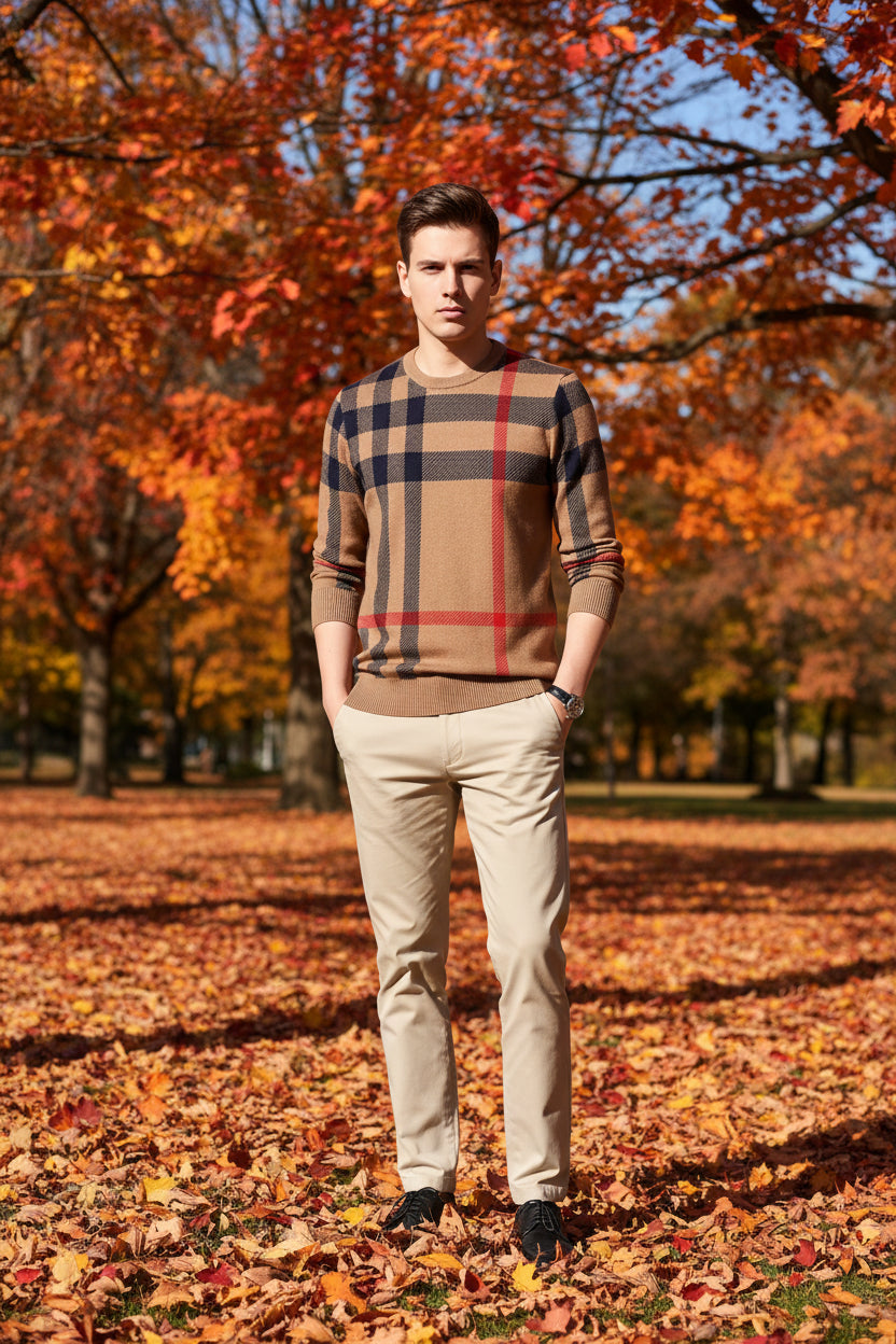 Plaid patterned sweater with a mix of brown, red, and black colors on a gray background.