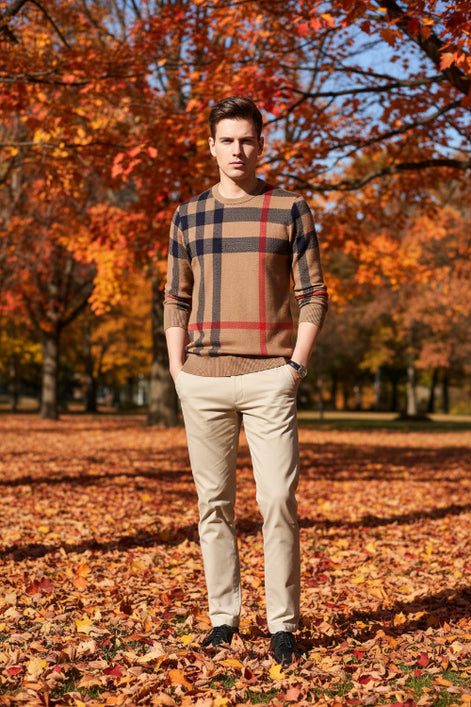Plaid patterned sweater with a mix of brown, red, and black colors on a gray background.