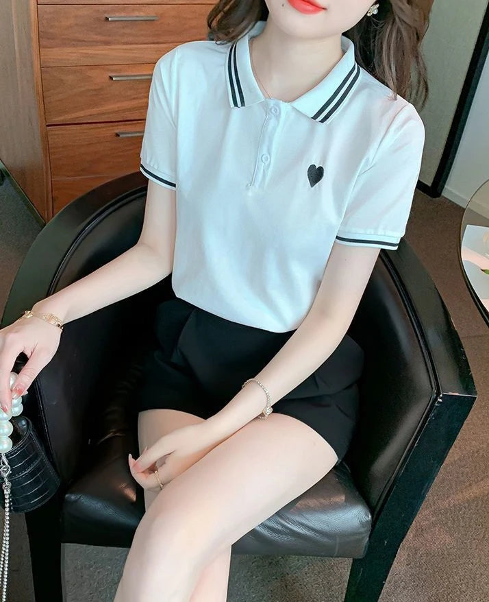 Polo Neck Shirt for Women100℅ Cotton  Woman T Embroidery Button Graphic Slim Korean Clothing Trend 2025 Youthful Elegant Style