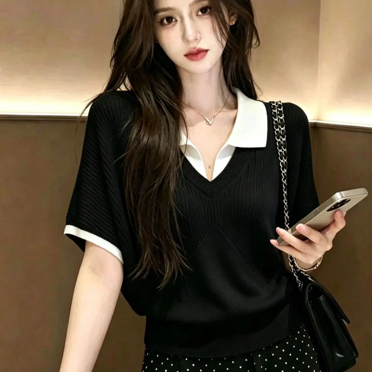 Polo Neck Contrast Patchwork Fake Two Ice Silk Korean Tops Women Clothes Thin Short Sleeve Trend T Shirts Elegant Fashion Summer