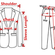 Diagram showing measurements for a suit jacket and pants on a white background