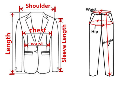 Diagram showing measurements for a suit jacket and pants on a white background