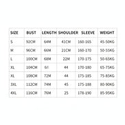 Size chart for clothing measurements on a white background