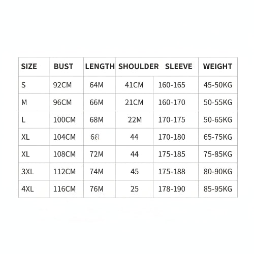 Size chart for clothing measurements on a white background