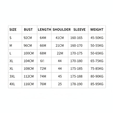 Size chart for clothing measurements on a white background