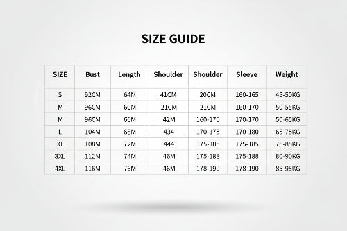 Size chart for clothing measurements on a white background