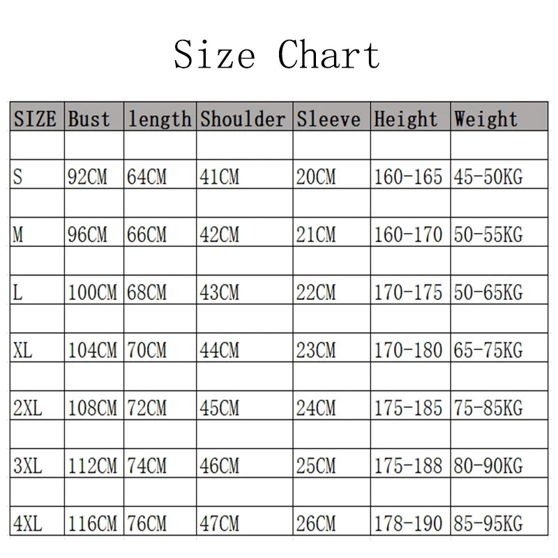 Size chart for clothing measurements on a white background