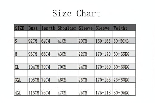 Size chart for clothing measurements on a white background