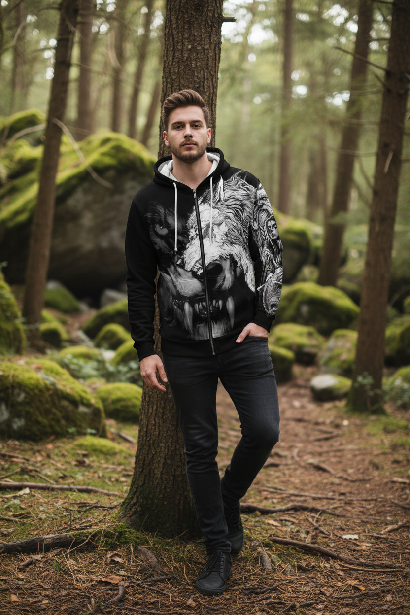 Black hoodie with a graphic design of a lion and wolf融合, featuring a warrior and tribal elements.