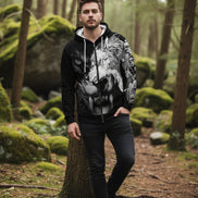 Black hoodie with a graphic design of a lion and wolf融合, featuring a warrior and tribal elements.