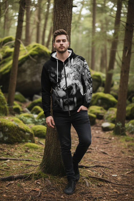 Black hoodie with a graphic design of a lion and wolf融合, featuring a warrior and tribal elements.