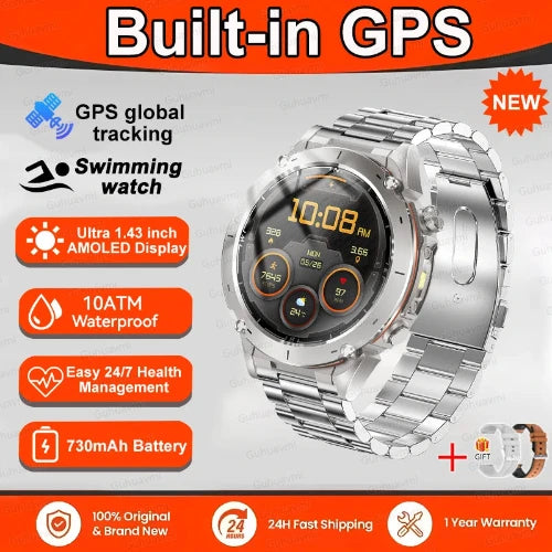 Smartwatch with metal band on a gray background, featuring built-in GPS and various features.