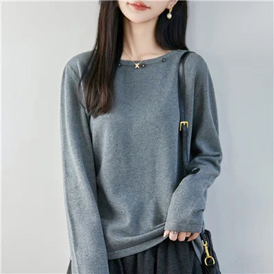 High end fashion 100% pure cotton women's sweater casual knitted round neck pullover autumn and winter solid color women's top