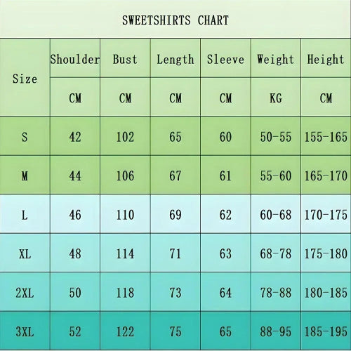 Sweetshirts size chart with measurements in centimeters and kilograms on a green and blue gradient background.
