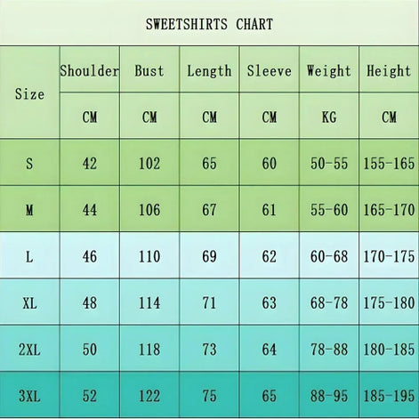 Sweetshirts size chart with measurements in centimeters and kilograms on a green and blue gradient background.