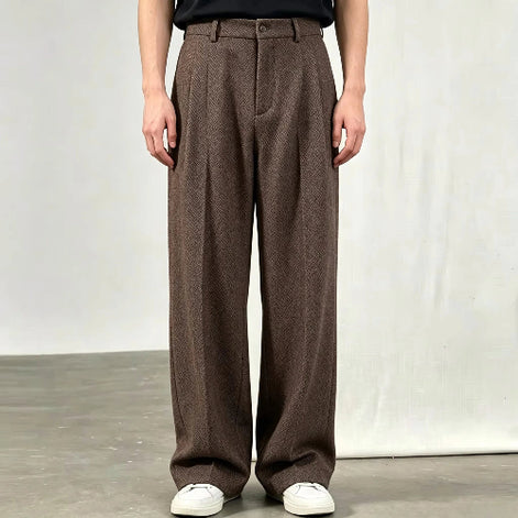 Brown herringbone wide-leg pants shown on a white background