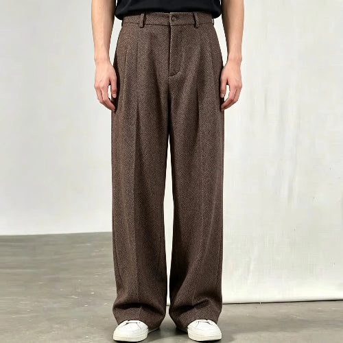 Brown herringbone wide-leg pants shown on a white background