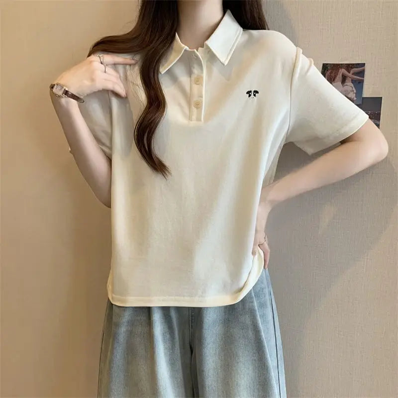 Pink Woman 100℅ Cotton Tshirt Embroidery Polo Neck T Shirt for Women Korean Clothing Y2k Fashion High Quality Youthful Elegant