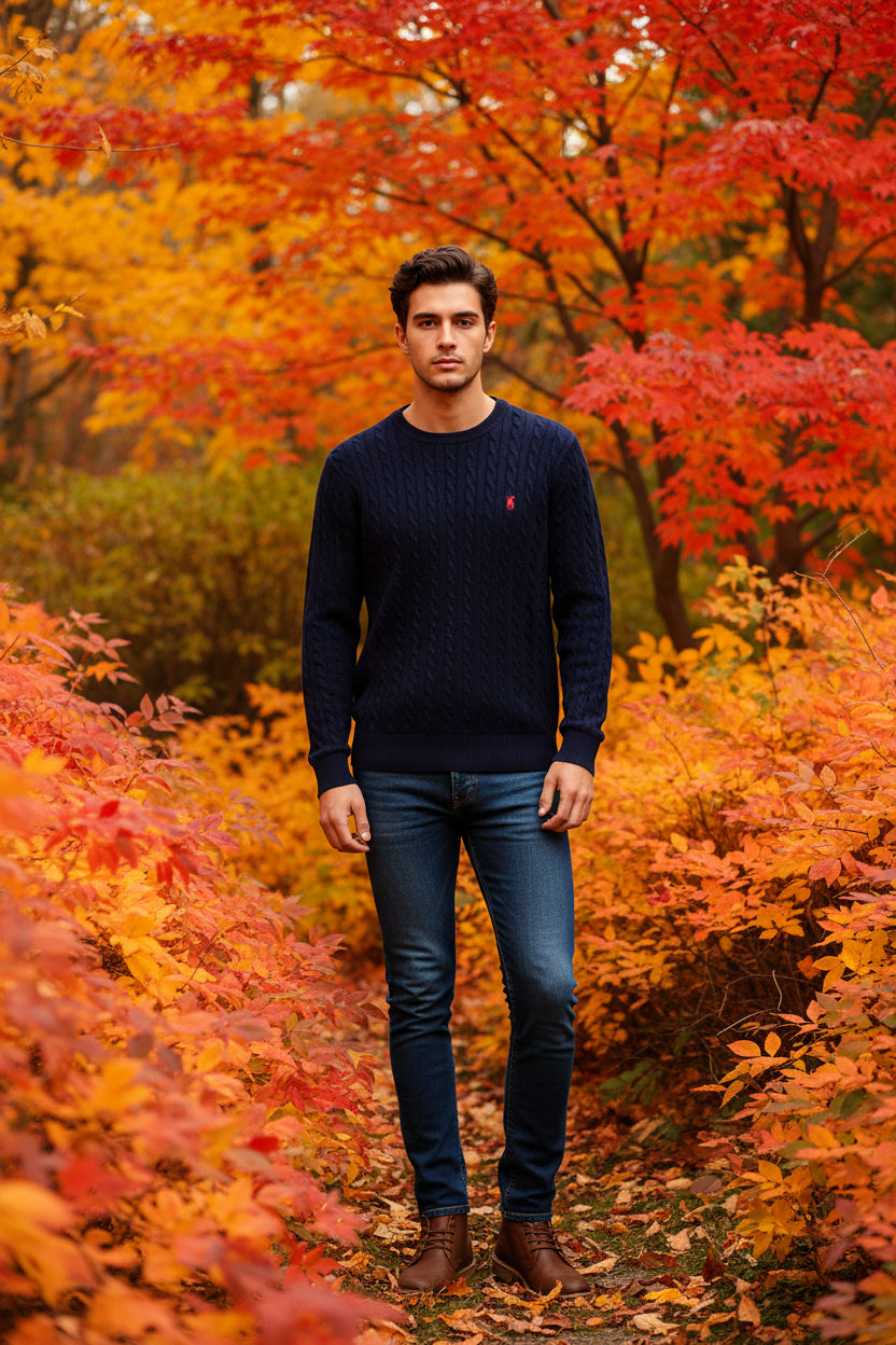 Navy cable knit sweater with a red logo on a hanger against a wooden background