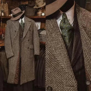 Brown herringbone coat with matching hat and tie on a mannequin against a rustic background.