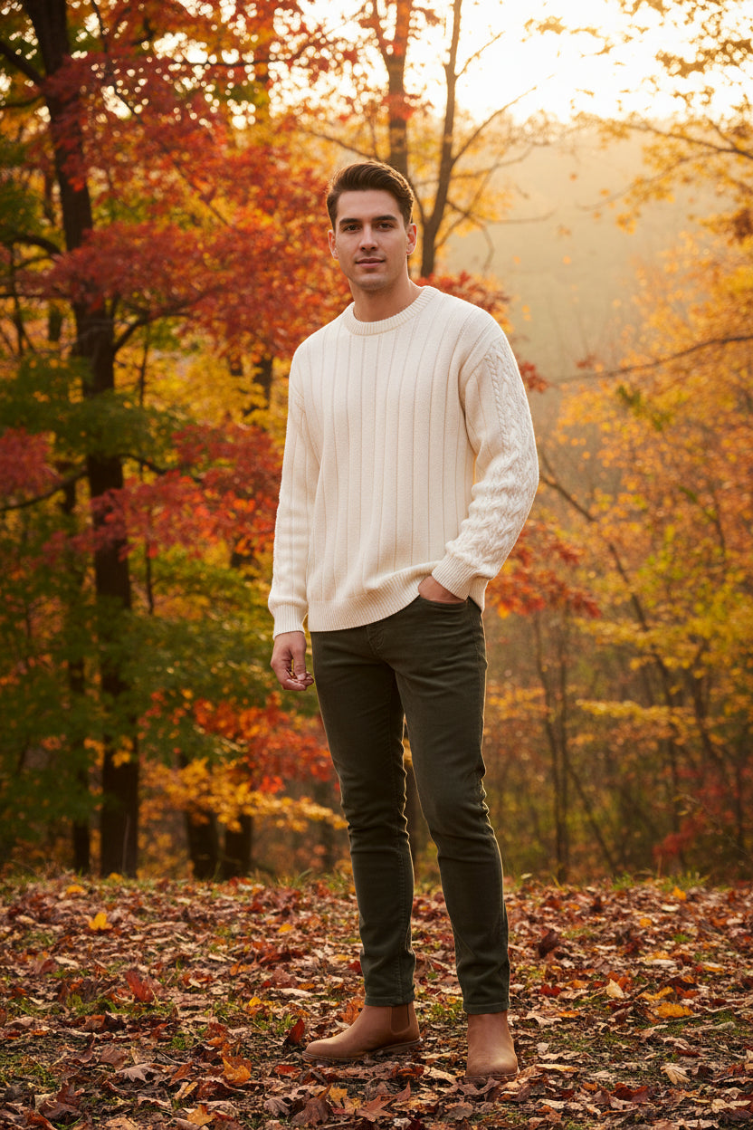 White cable knit sweater on a white background