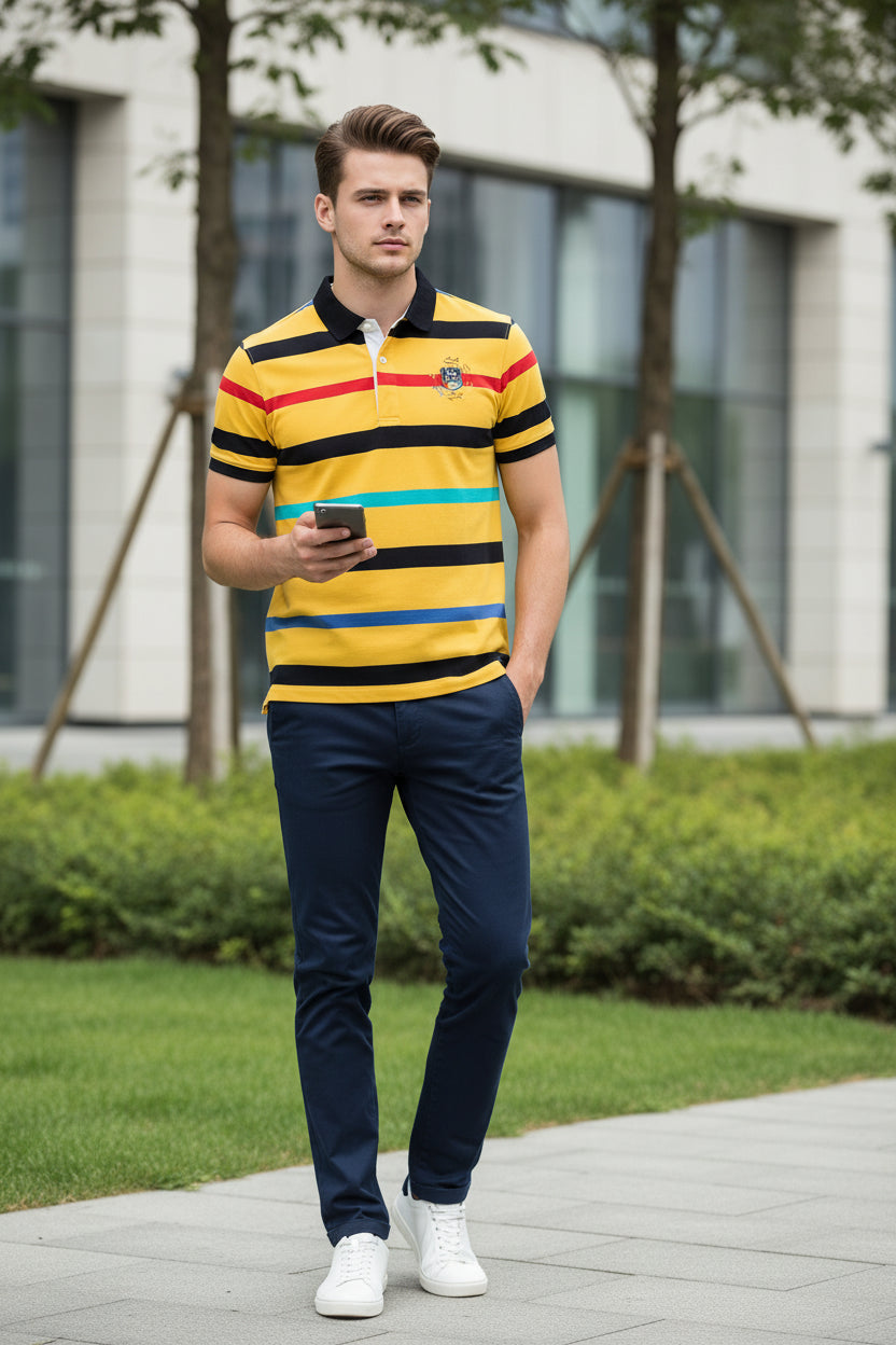 A yellow short-sleeve polo shirt with horizontal black, red, turquoise, and blue stripes, featuring a black collar, a two-button placket, and a crest on the left chest.