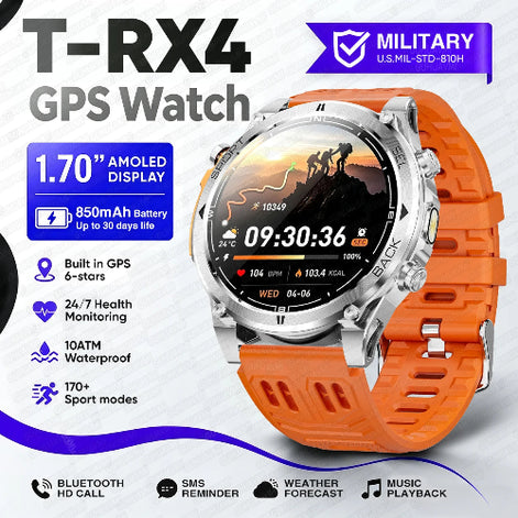 An orange and silver T-RX4 GPS watch with a 1.70-inch display, shown on a white background with promotional text and icons highlighting 