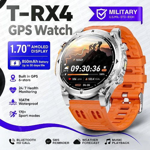 An orange and silver T-RX4 GPS watch with a 1.70-inch display, shown on a white background 