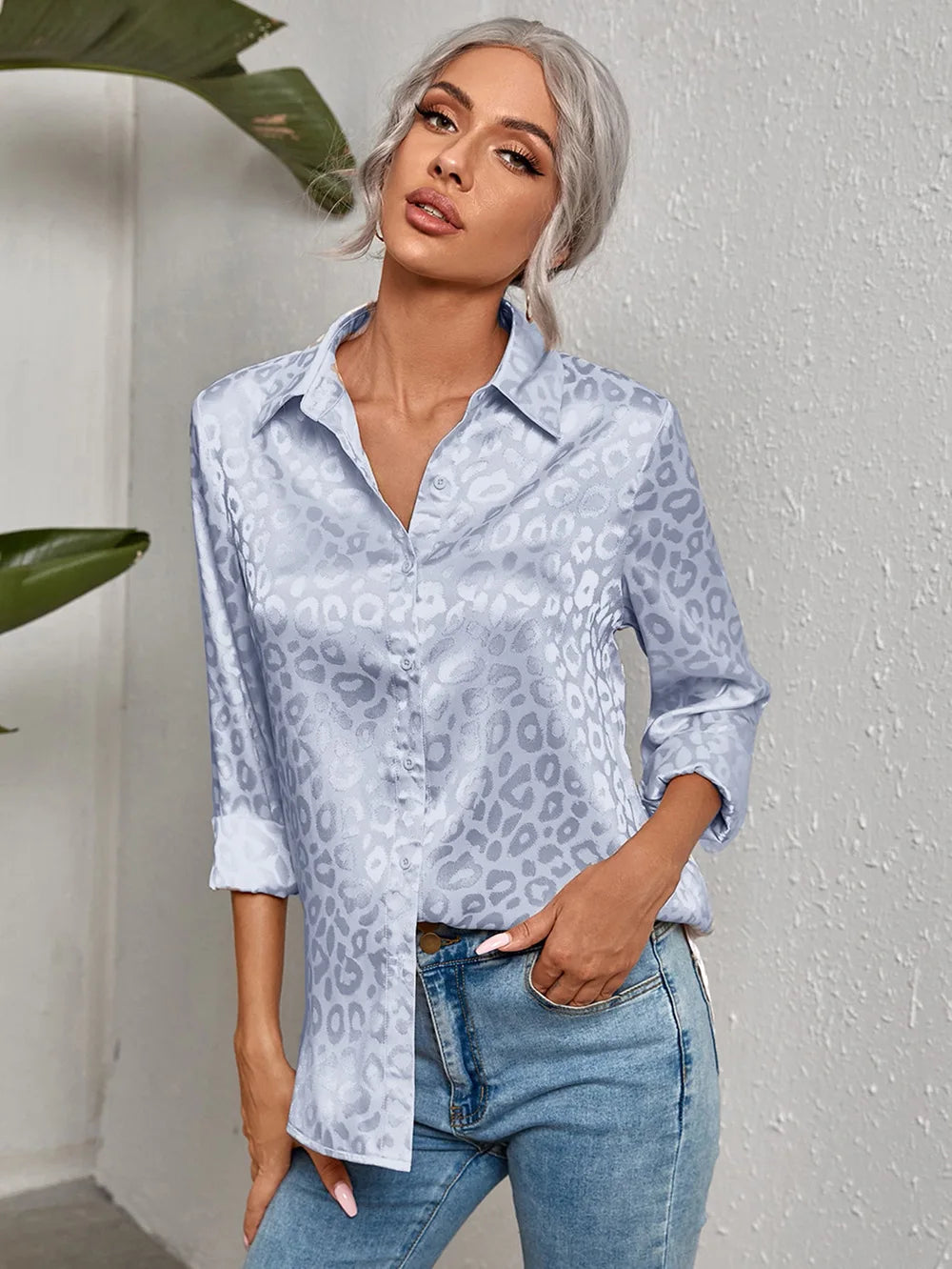 Women Leopard Print Luxury Blouse Spring Summer Long Sleeve Lapen Vintage Button Up Shirt Office Lady Satin Tunics Harajuku Top
