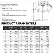 Measurement chart for shirt sizes with shoulder, bust, and length dimensions.
