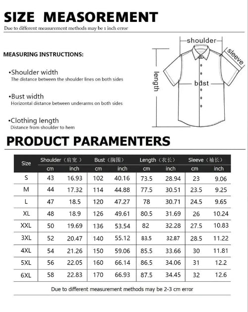 Measurement chart for shirt sizes with shoulder, bust, and length dimensions.