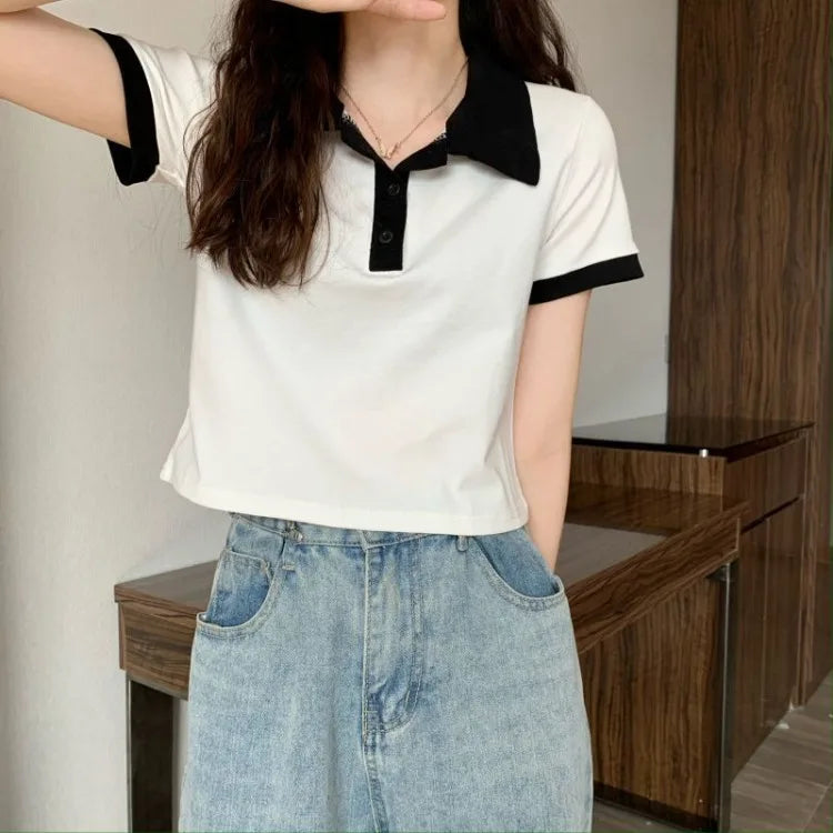 Summer 2026 Women New Arrival Slim Fit Versatile Polo Collar Color Block Short T Shirt Short Sleeve Unique Top Ins Trendy