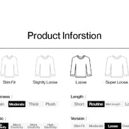 Product information chart for clothing with various fit, thickness, length, and elasticity options.