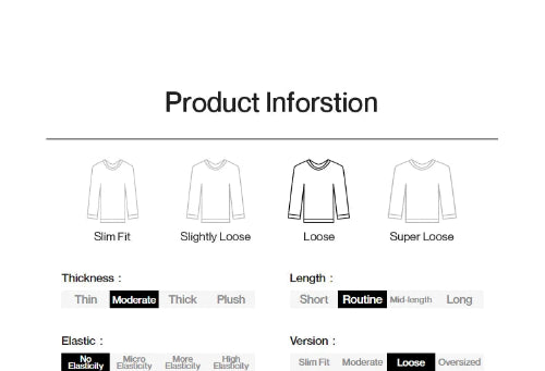 Product information chart for clothing with various fit, thickness, length, and elasticity options.