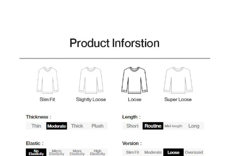 Product information chart for clothing with various fit, thickness, length, and elasticity options.
