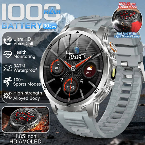Smartwatch with features highlighted on a mountainous background