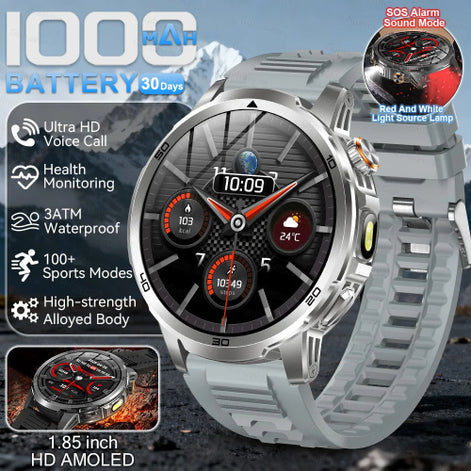 Smartwatch with features highlighted on a mountainous background