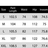 Size chart for pants with measurements in centimeters on a white background