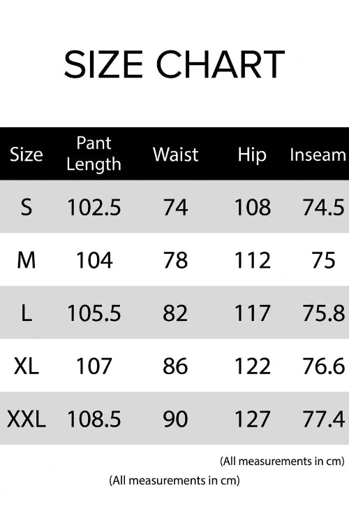 Size chart for pants with measurements in centimeters on a white background