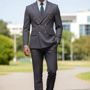 Gray suit with gold buttons on a white background