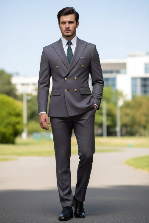 Gray suit with gold buttons on a white background