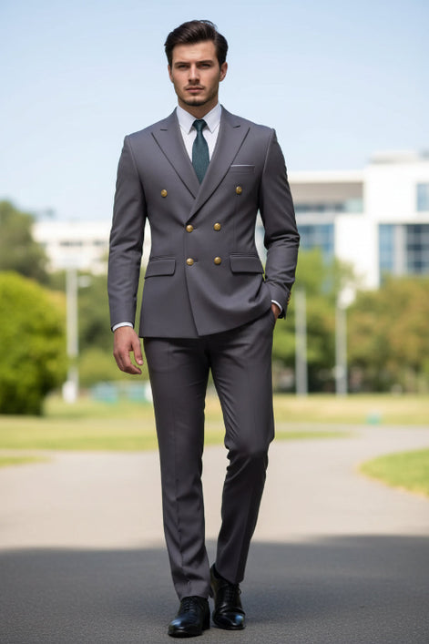 Gray suit with gold buttons on a white background