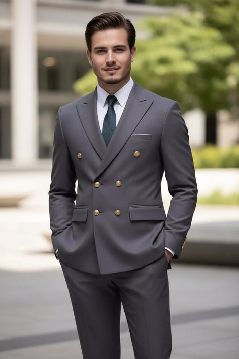 Gray suit with gold buttons on a white background