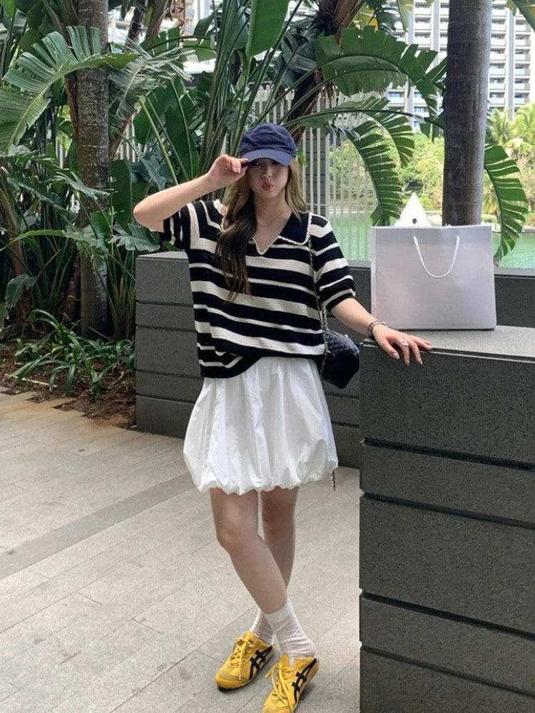 Women High Stretch Polo Shirt 2026 Stripe Short Sleeve Top Casual Color Block Splicing Openwork Knit Blouse