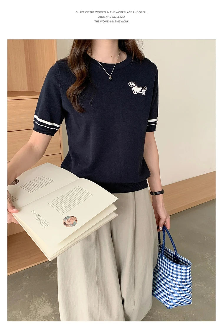 Summer 100% cotton women's T-shirt casual solid color knitted pullover short sleeved loose round neck Tees Pull embroidered Tops