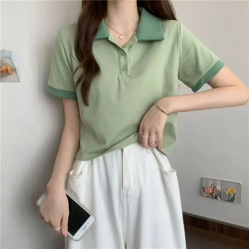 Plain Female Tee Slim Women's Polo Shirts T-shirts Short Sleeve T-shirt in Trend 2025 Youthful Clothes Korean Clothing Elegant